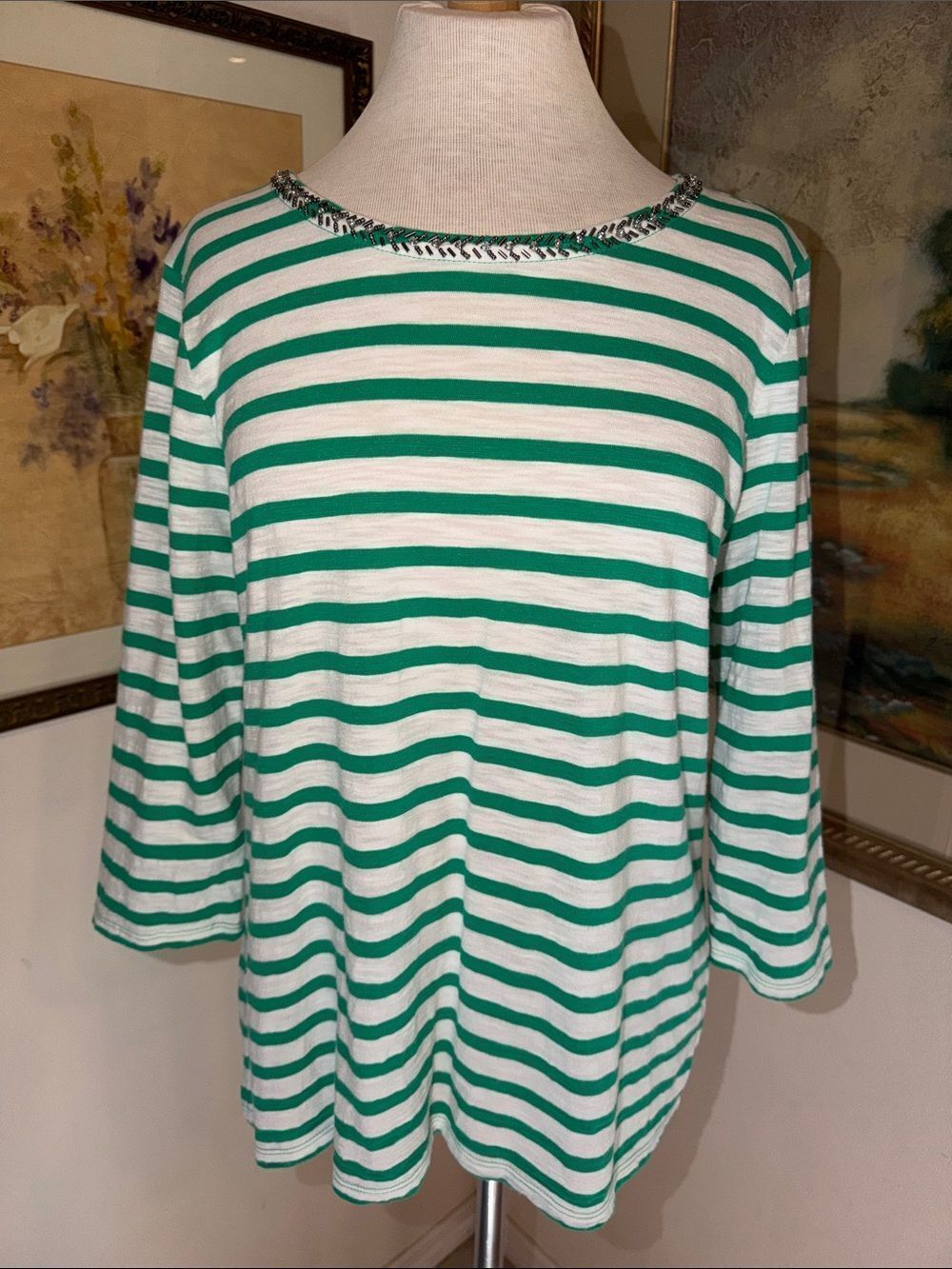 Chico’s Striped Green/White  Boatneck Top w/ Bow Tie Back Size 2= Large